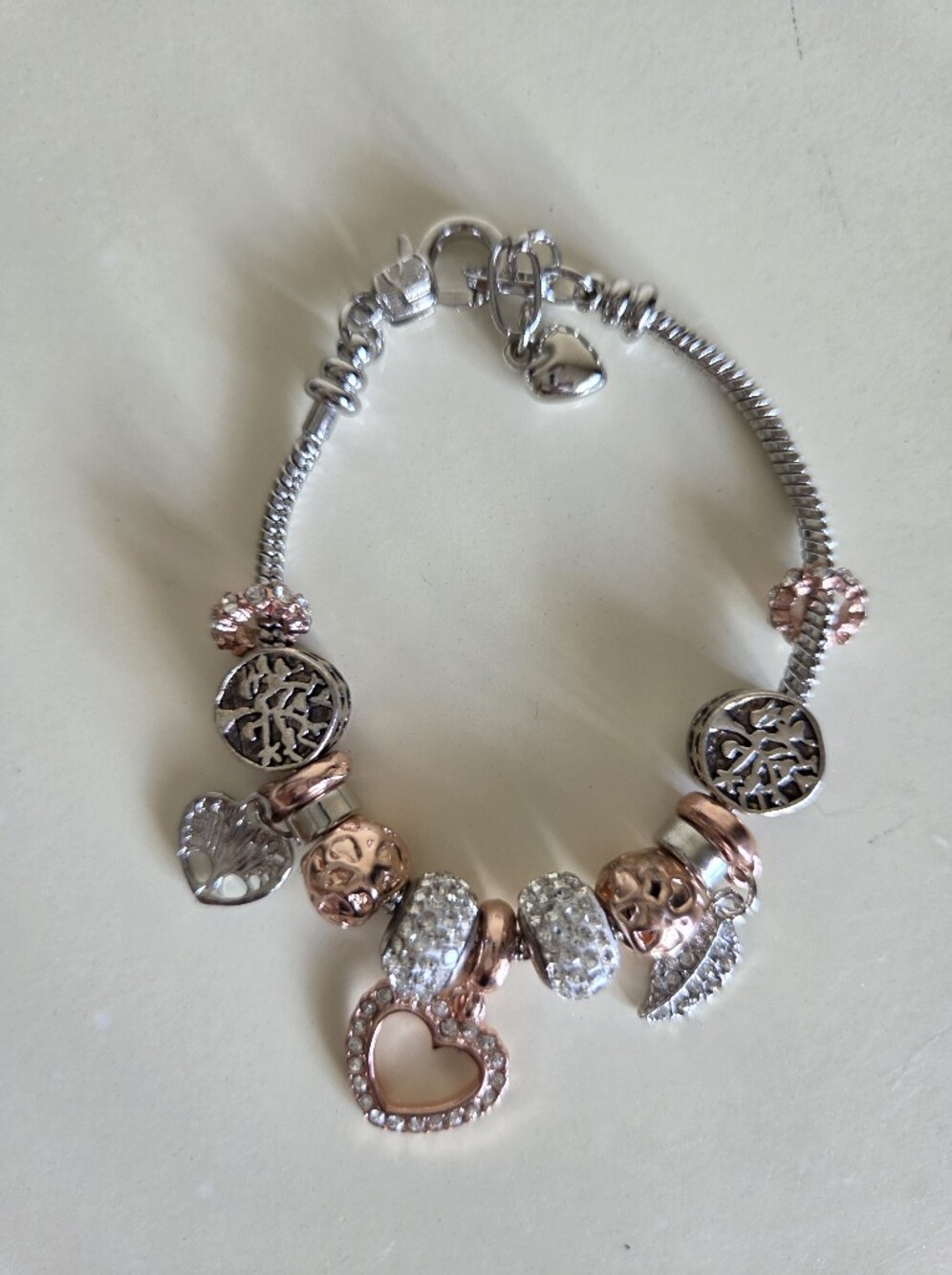 beautiful mixed-metal pandora style charm bracelet silver & rose gold tone - Picture 4 of 4